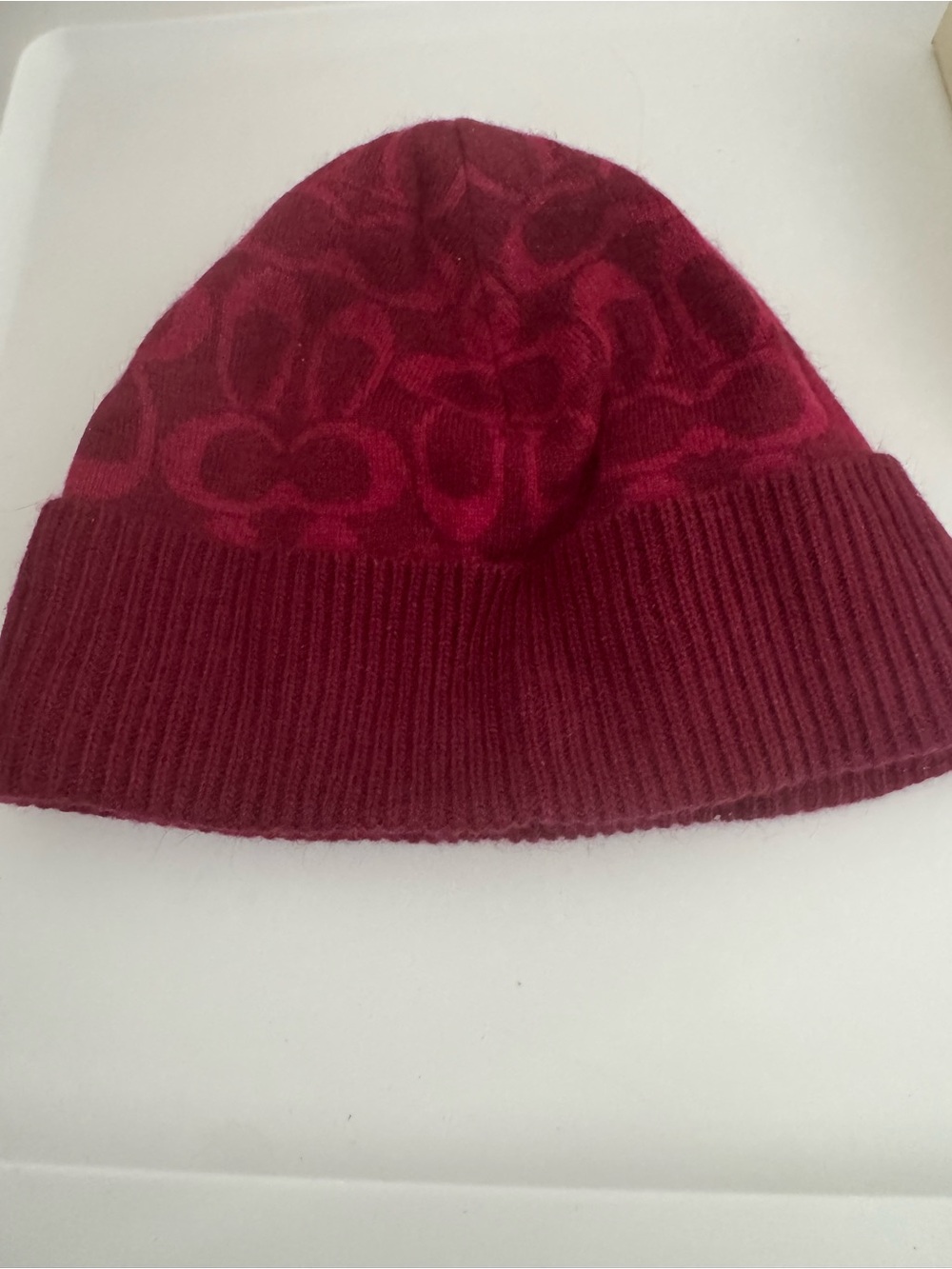 Coach Women's Burgundy Patterned Knit Cuffed Beanie